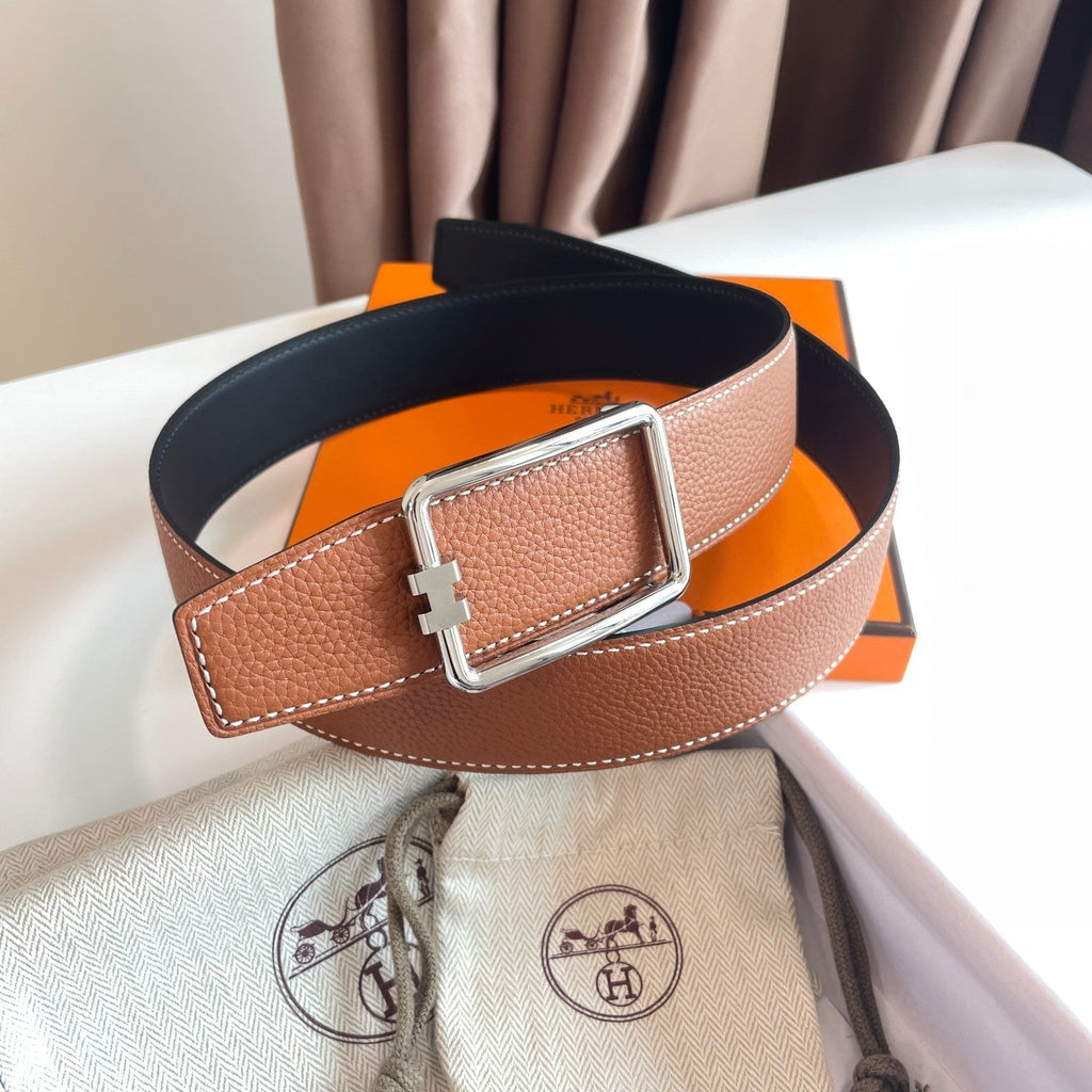 HERMES TUBE H BELT BUCKLE & REVERSIBLE BLACK AND CINNAMON BROWN LEATHER STRAP 38MM SILVER HARDWARE