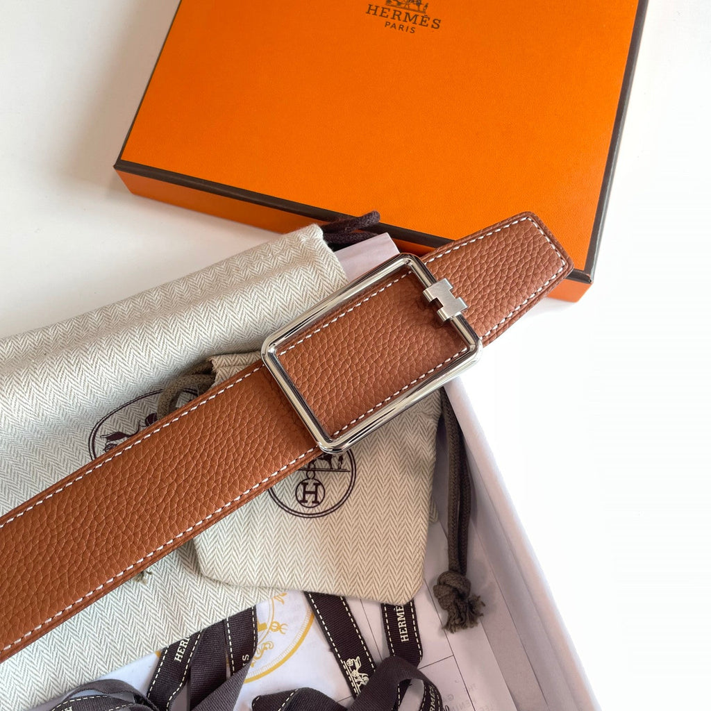 HERMES TUBE H BELT BUCKLE & REVERSIBLE BLACK AND CINNAMON BROWN LEATHER STRAP 38MM SILVER HARDWARE