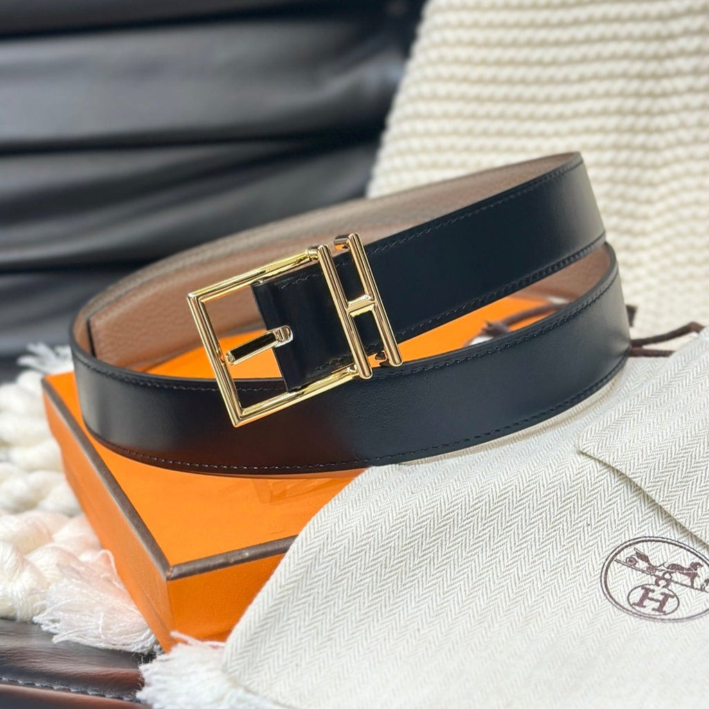 HERMES NATHAN 32MM REVERSIBLE BELT IN BLACK AND TAN LEATHER GOLD BUCKLE