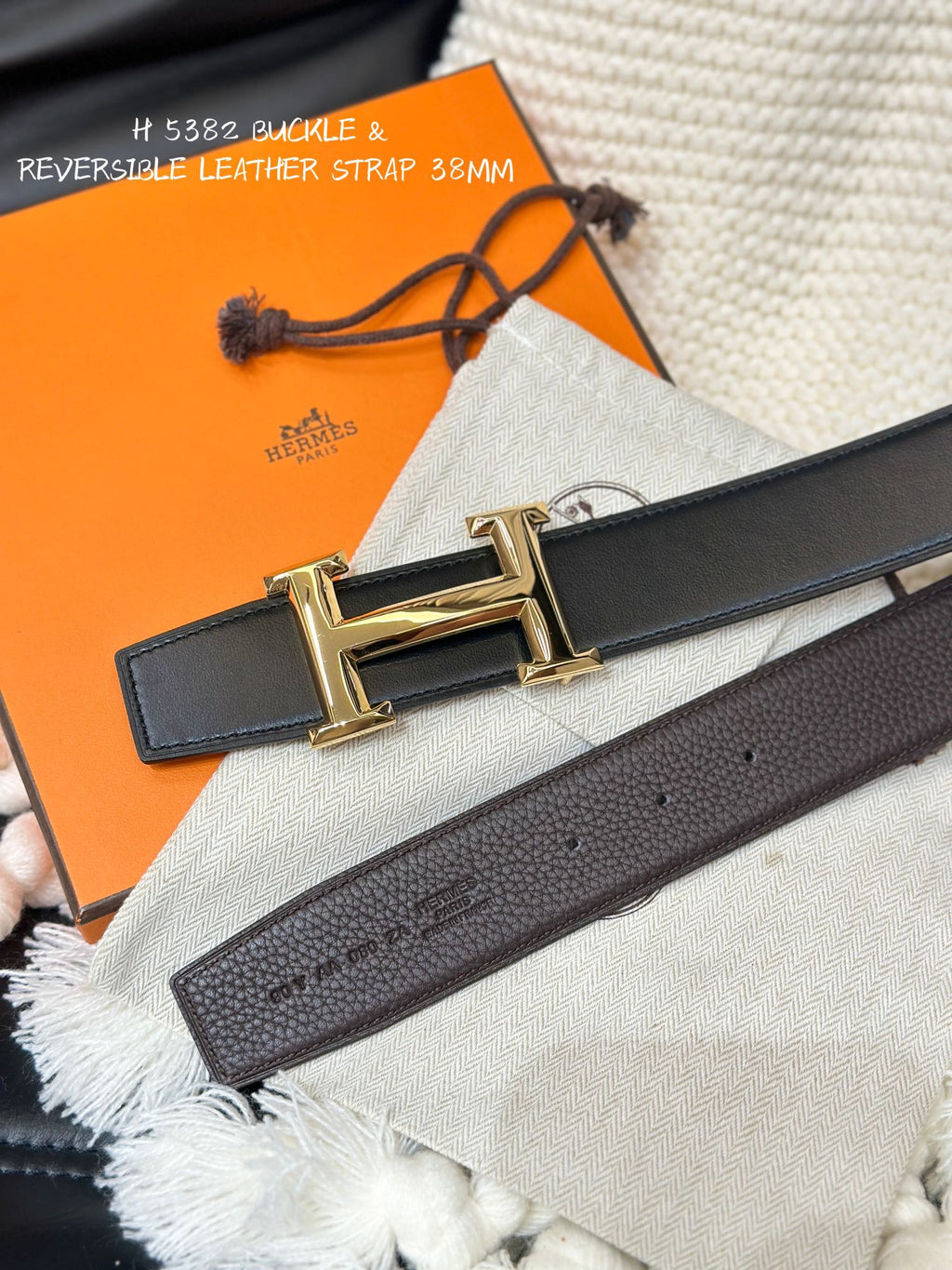 HERMES 5382 BELT GOLD BUCKLE & REVERSIBLE BLACK LEATHER STRAP 38MM