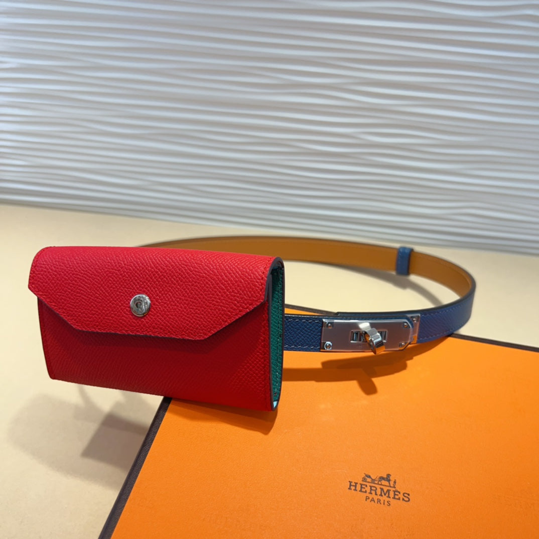 HERMES KELLY CHERRY RED POCKET 18MM BELT NAVY BLUE LEATHER SILVER HARDWARE