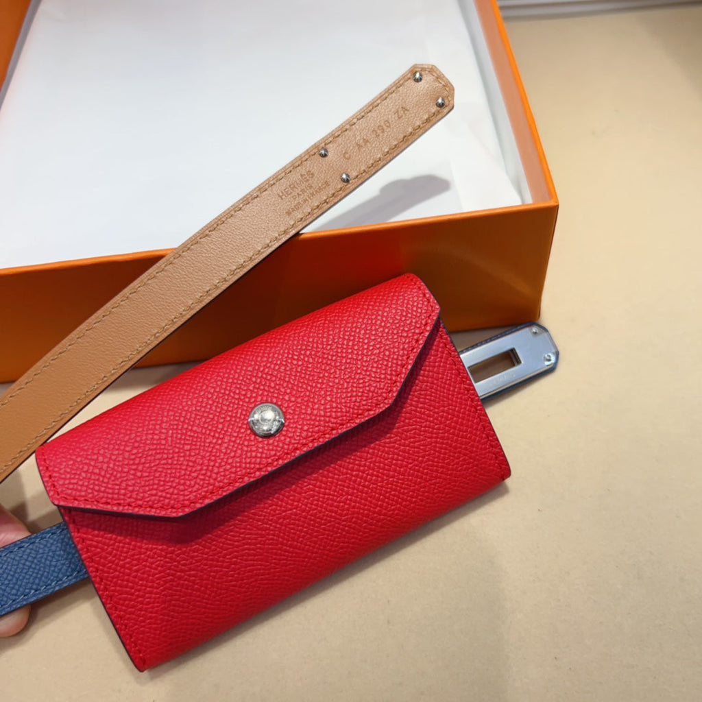 HERMES KELLY CHERRY RED POCKET 18MM BELT NAVY BLUE LEATHER SILVER HARDWARE