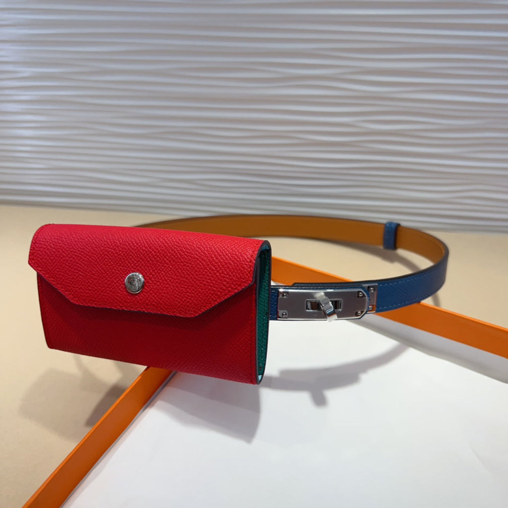 HERMES KELLY CHERRY RED POCKET 18MM BELT NAVY BLUE LEATHER SILVER HARDWARE