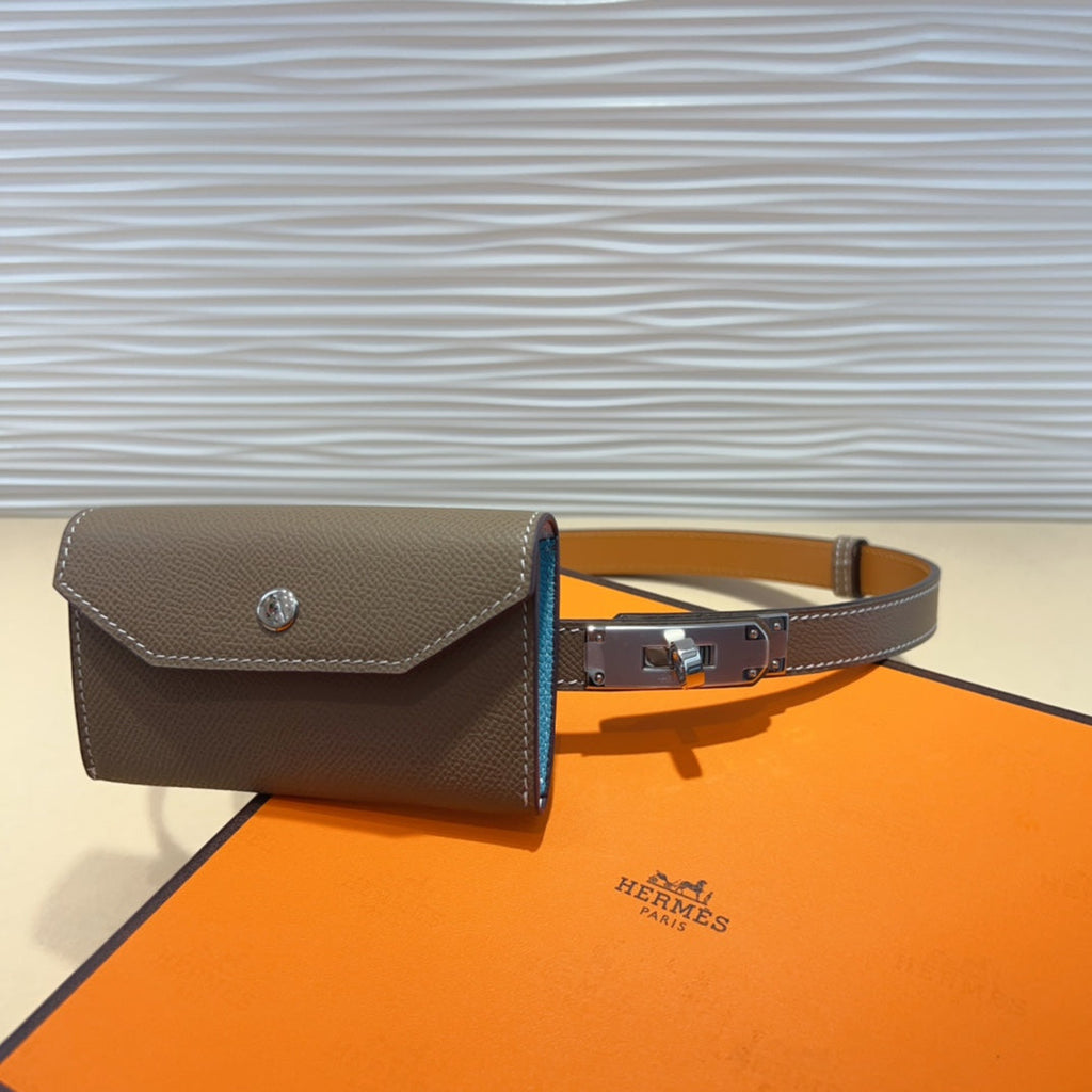 HERMES KELLY DARK BROWN POCKET 18MM BELT LEATHER SILVER HARDWARE