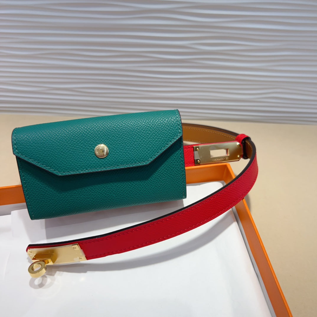 HERMES KELLY TEAL GREEN POCKET 18MM BELT CHERRY RED LEATHER GOLD HARDWARE