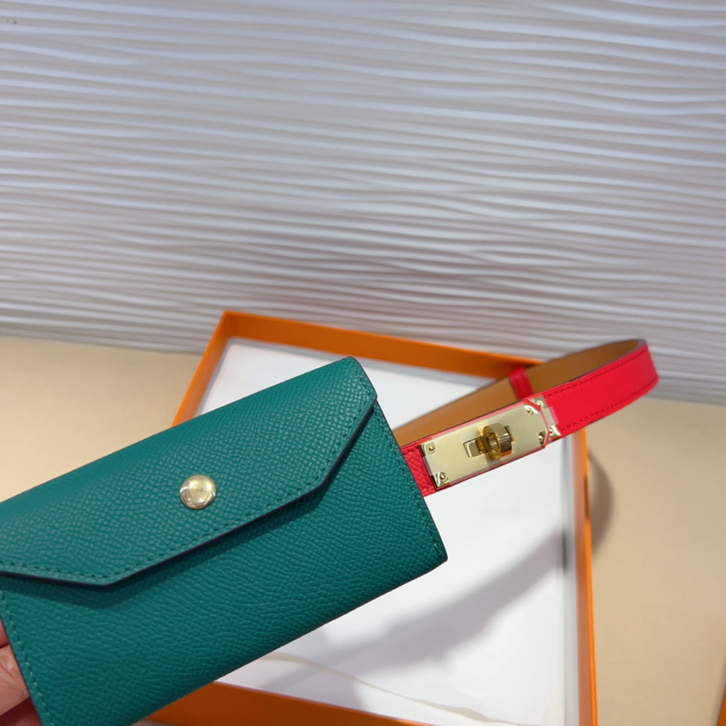 HERMES KELLY TEAL GREEN POCKET 18MM BELT CHERRY RED LEATHER GOLD HARDWARE