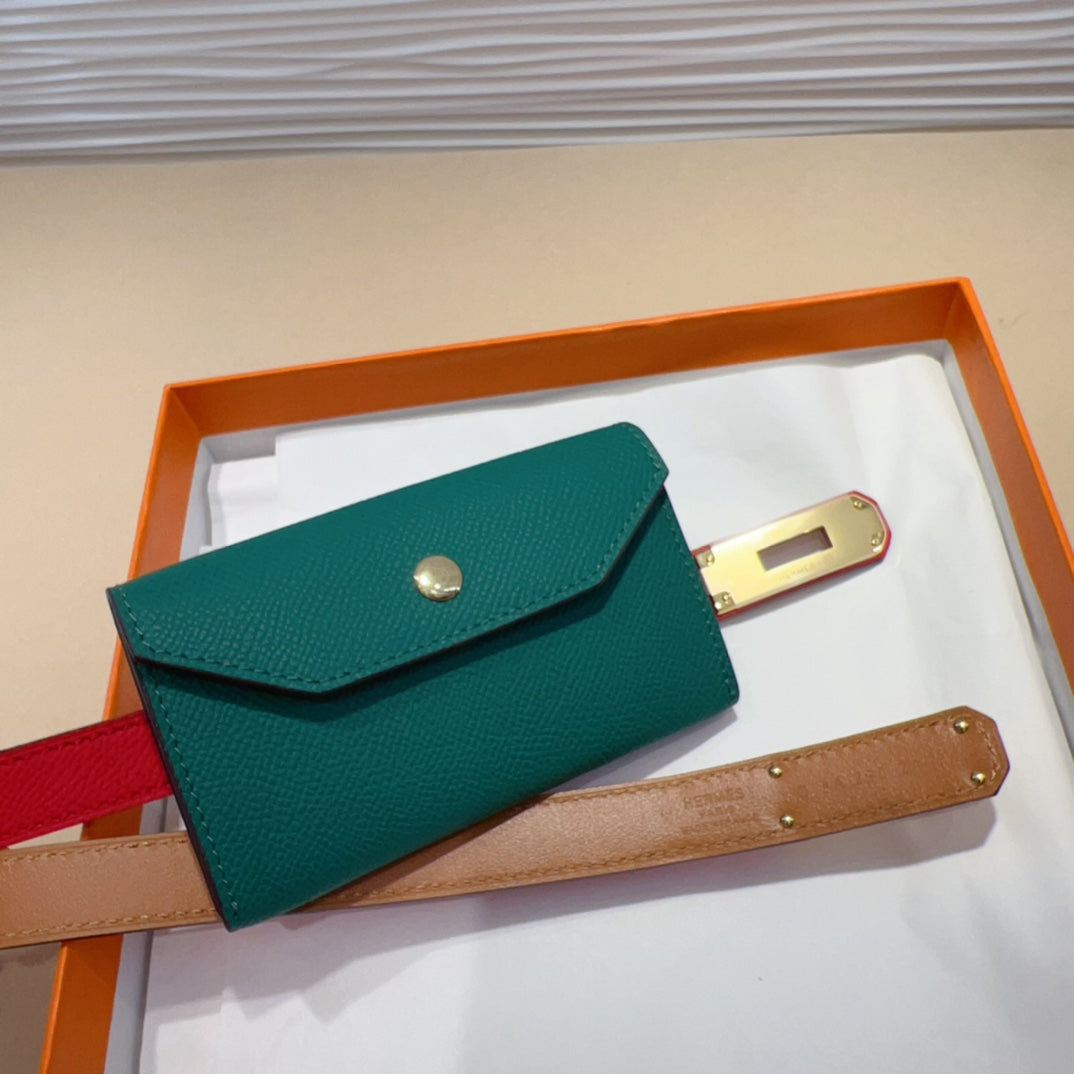 HERMES KELLY TEAL GREEN POCKET 18MM BELT CHERRY RED LEATHER GOLD HARDWARE