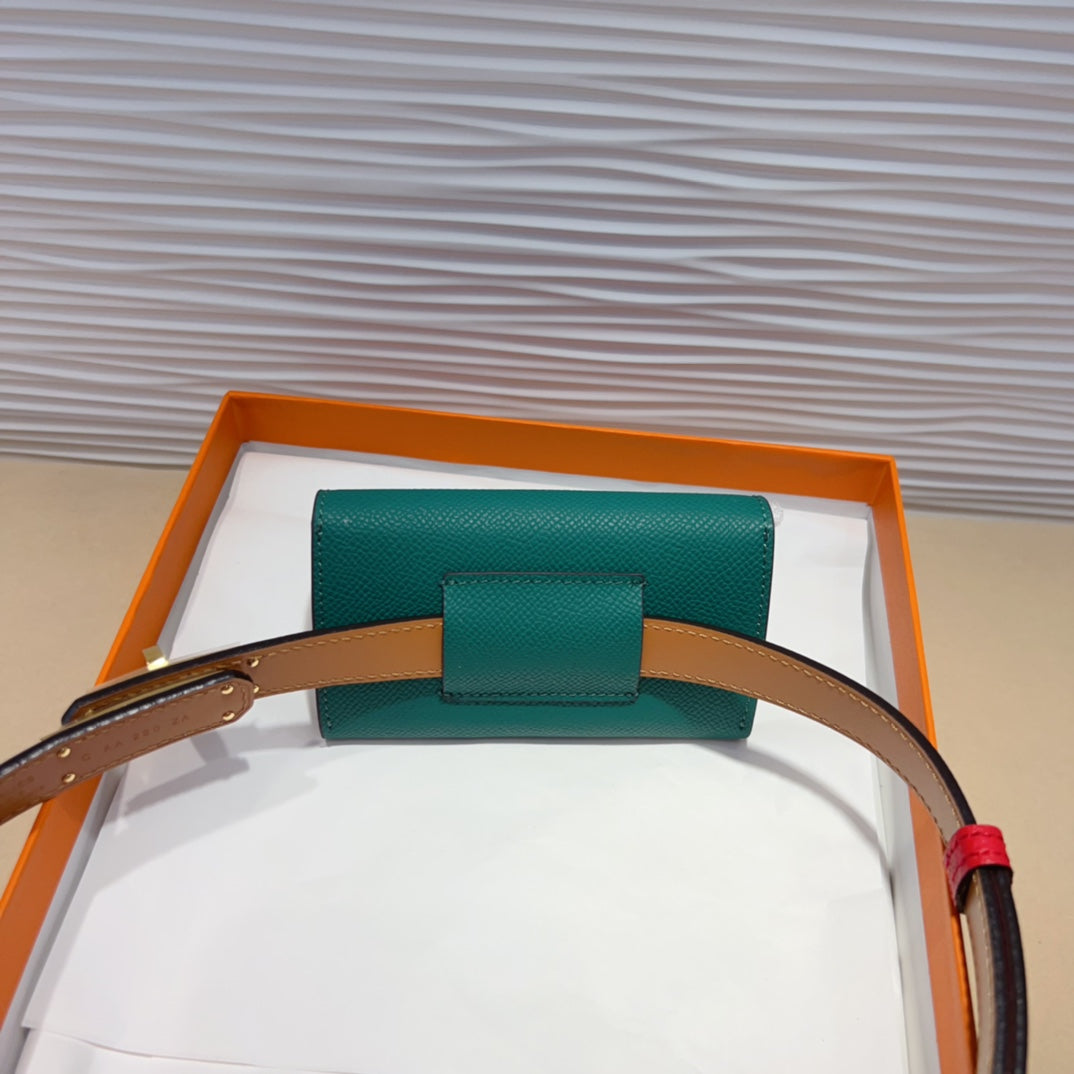 HERMES KELLY TEAL GREEN POCKET 18MM BELT CHERRY RED LEATHER GOLD HARDWARE