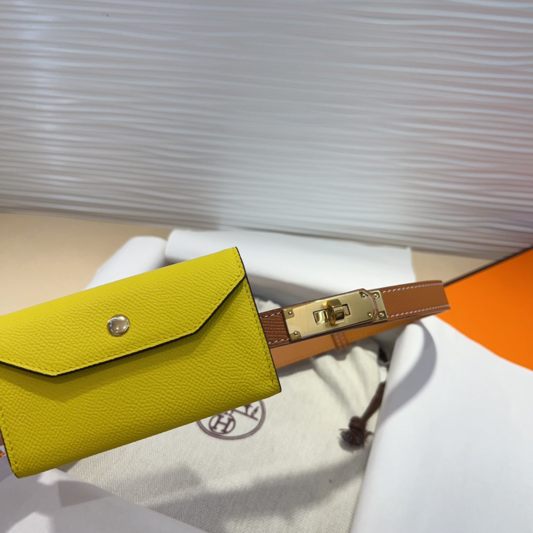 HERMES KELLY LEMON YELLOW POCKET 18MM BELT CINNAMON BROWN LEATHER GOLD HARDWARE