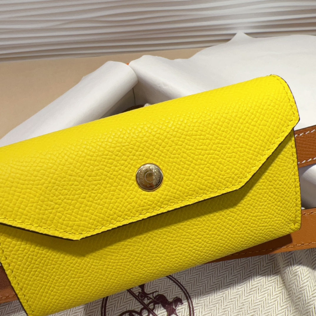 HERMES KELLY LEMON YELLOW POCKET 18MM BELT CINNAMON BROWN LEATHER GOLD HARDWARE