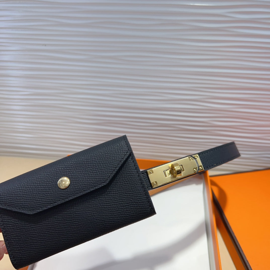 HERMES KELLY POCKET 18MM BELT BLACK LEATHER GOLD HARDWARE