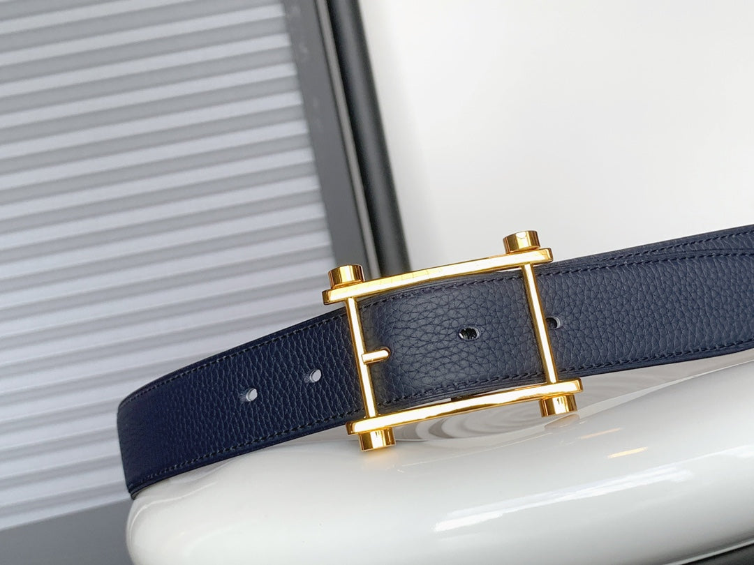 HERMES REVERSIBLE NAVY BLUE LEATHER STRAP 32 MM GOLD HARDWARE