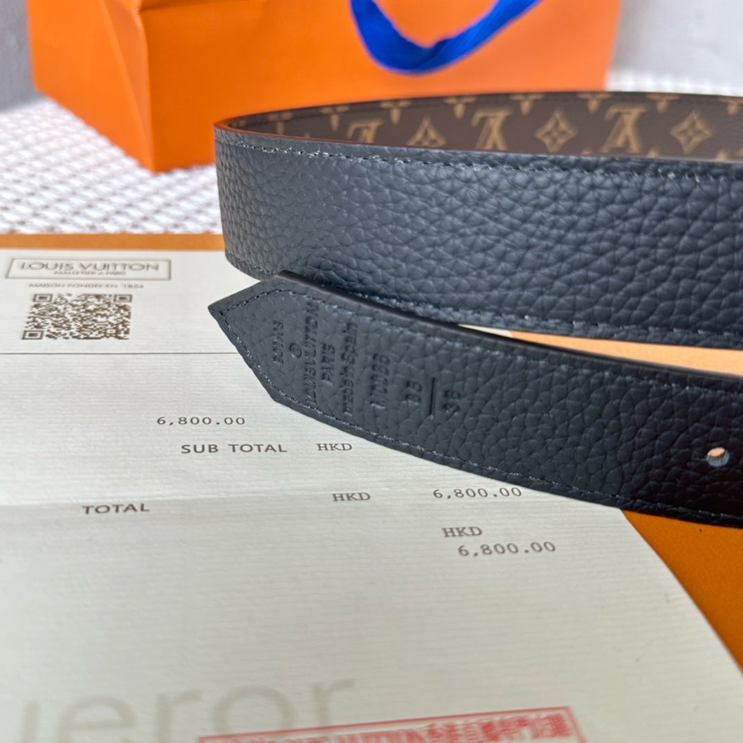 LOUIS VUITTON LV FLOWERGRAM 30MM REVERSIBLE BELT IN BLACK CALFSKIN GOLD HARDWARE