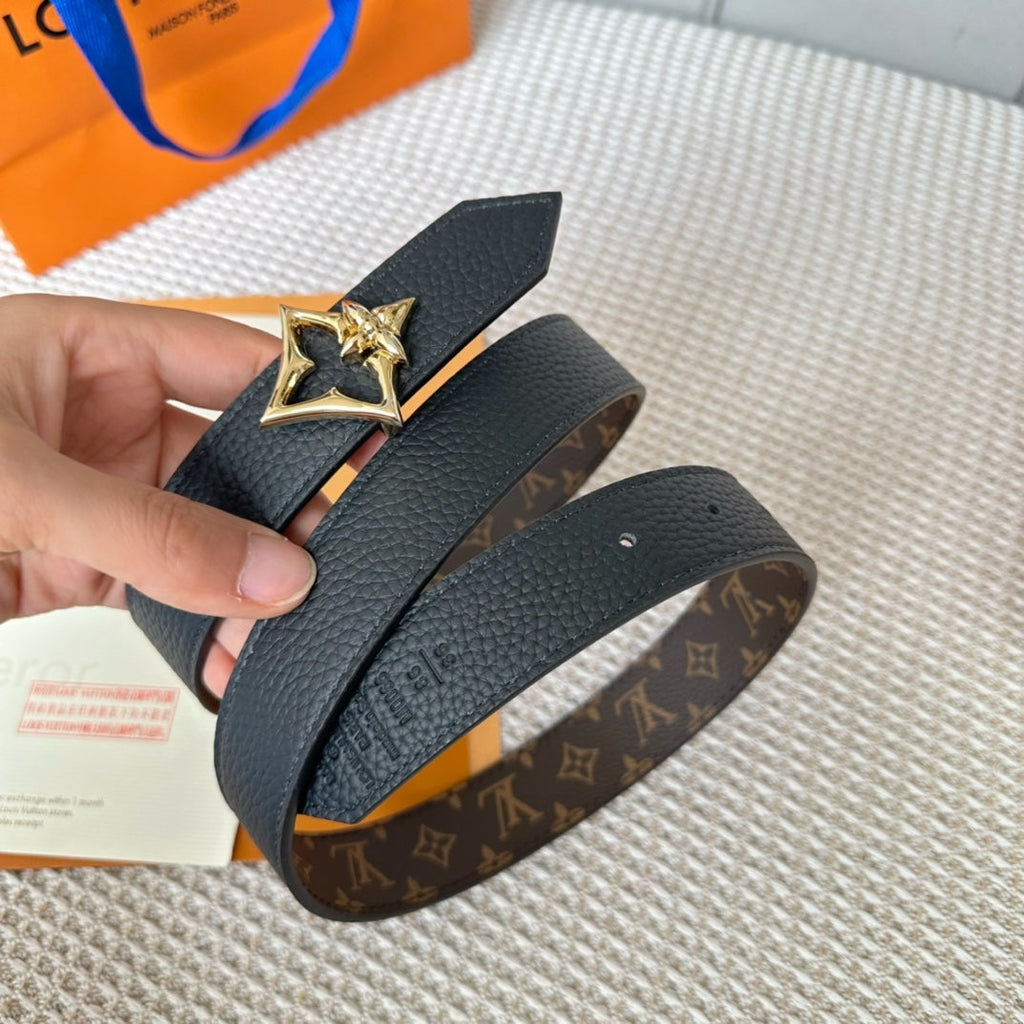 LOUIS VUITTON LV FLOWERGRAM 30MM REVERSIBLE BELT IN BLACK CALFSKIN GOLD HARDWARE