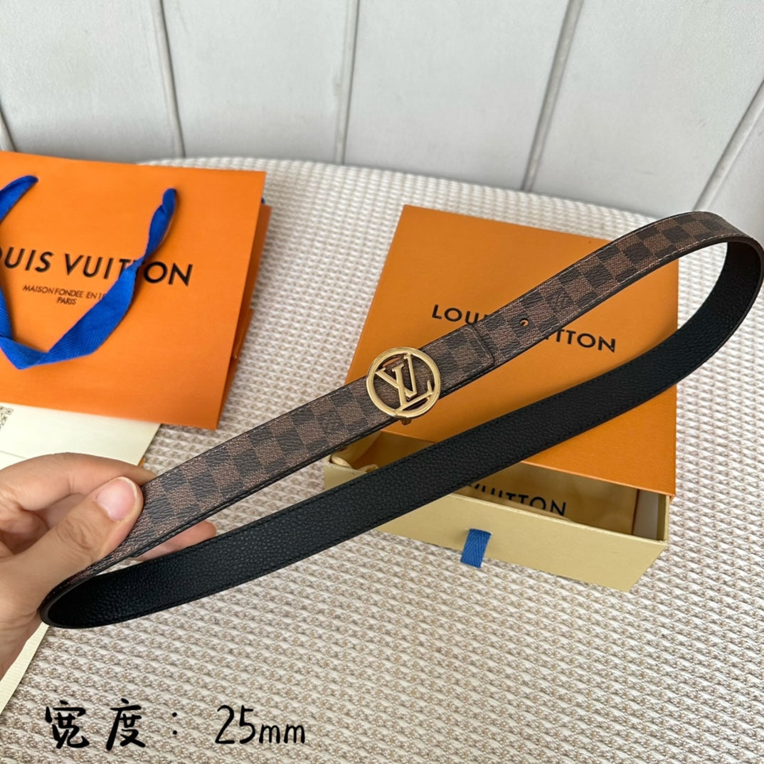 LOUIS VUITTON LV CIRCLE 25MM REVERSIBLE BELT IN BROWN DAMIER CALFSKIN GOLD HARDWARE