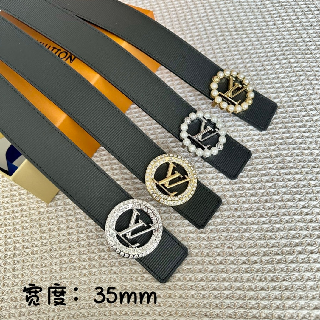 LOUIS VUITTON LV CIRCLE PEARL 35MM REVERSIBLE BELT IN BLACK CALFSKIN GOLD HARDWARE