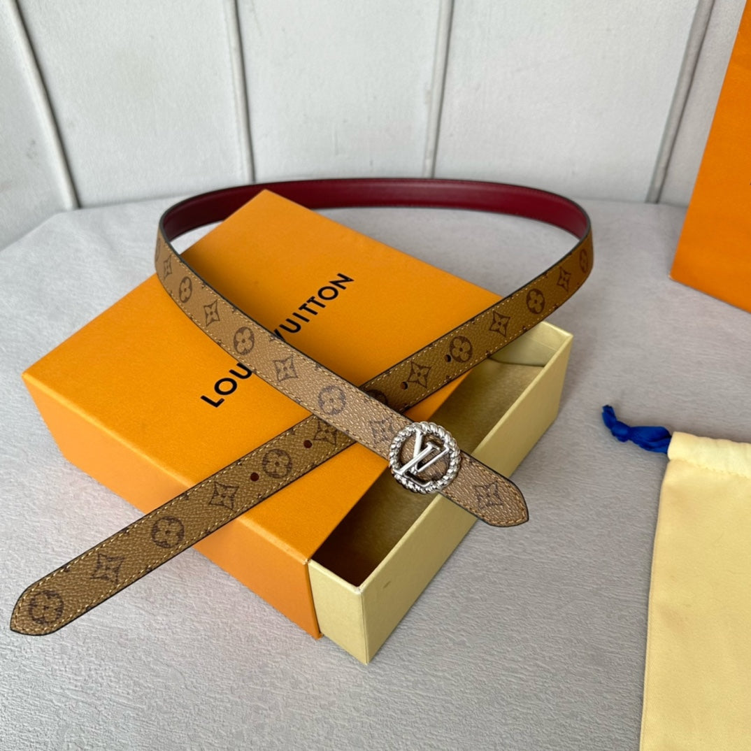 LOUIS VUITTON LV Circle Nautical 20mm Reversible Belt Silver Buckle Burgundy Light Brown Lambskin