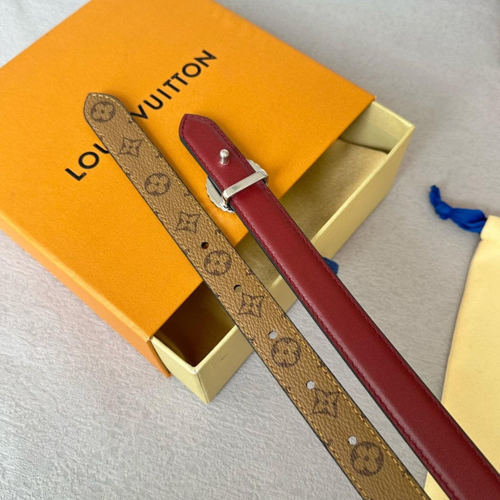 LOUIS VUITTON LV Circle Nautical 20mm Reversible Belt Silver Buckle Burgundy Light Brown Lambskin