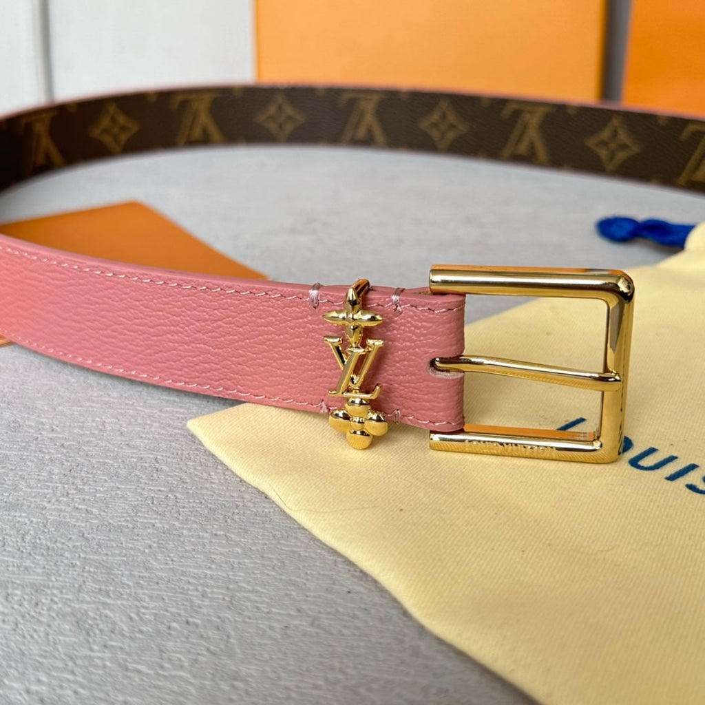 LOUIS VUITTON LV Bloom 30mm Belt Gold Buckle Pink Brown Leather