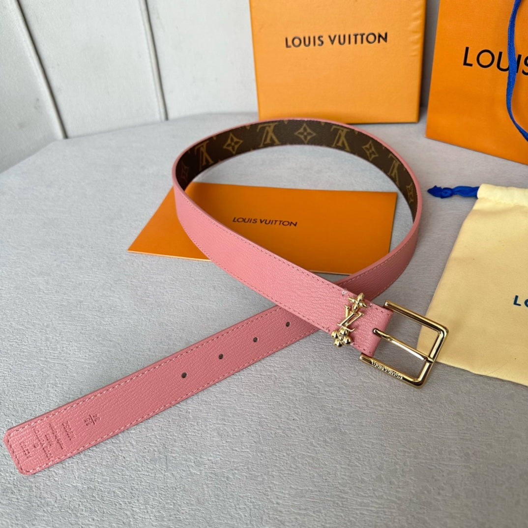 LOUIS VUITTON LV Bloom 30mm Belt Gold Buckle Pink Brown Leather