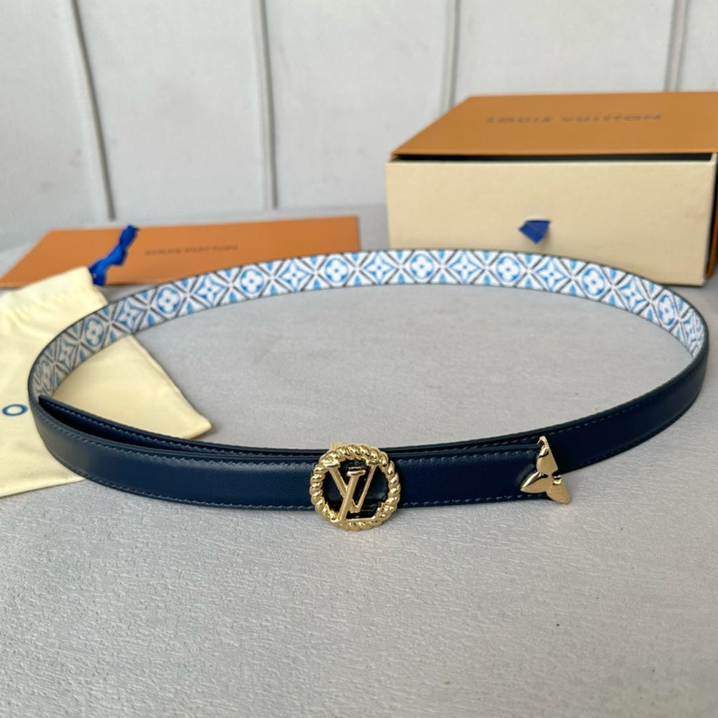 LOUIS VUITTON LV Circle Nautical 20mm Reversible Belt Gold Buckle Black White Blue Lambskin