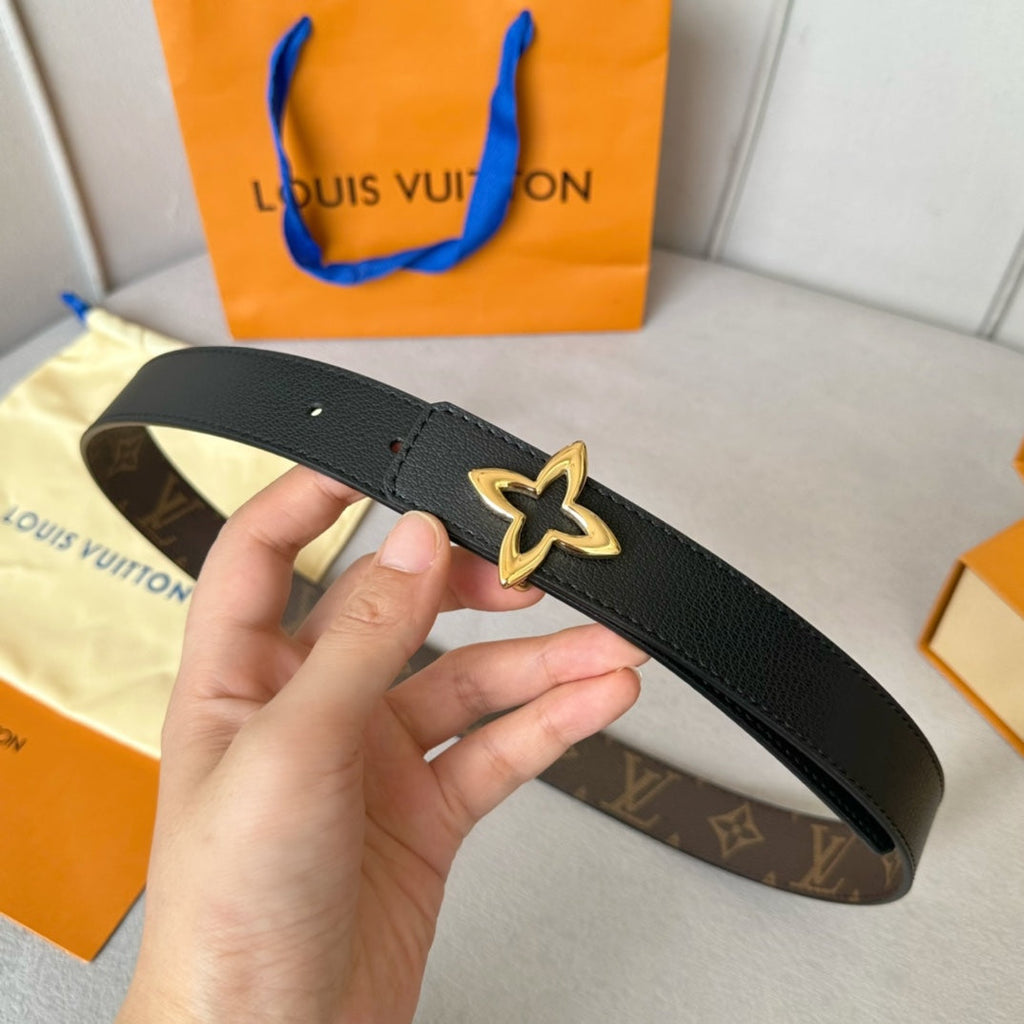 LOUIS VUITTON LV Flowergram 30mm Reversible Belt Gold Buckle Black Brown Leather