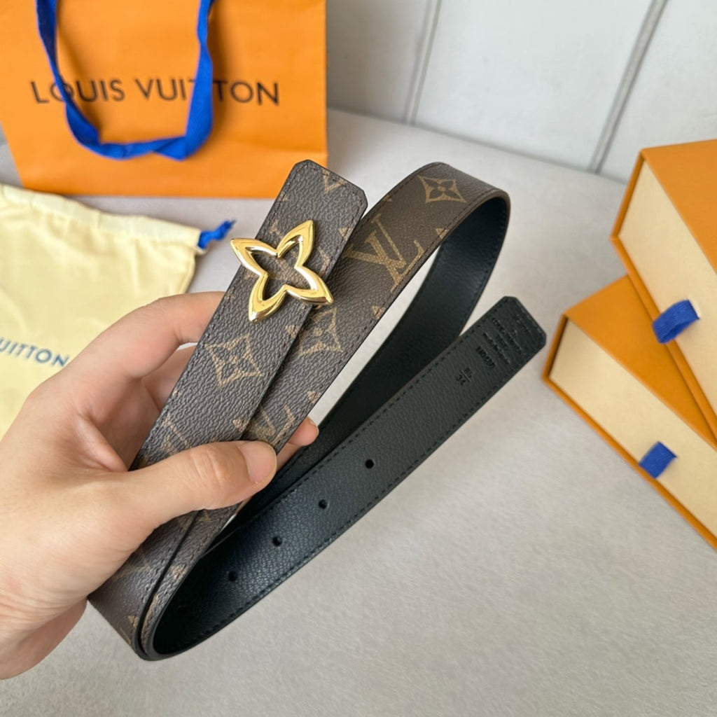 LOUIS VUITTON LV Flowergram 30mm Reversible Belt Gold Buckle Black Brown Leather
