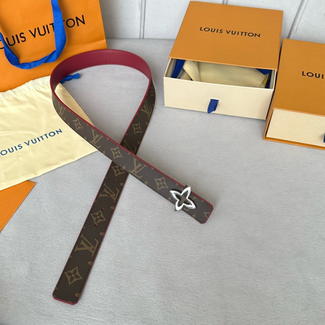 LOUIS VUITTON LV MINI FLOWERGRAM 30MM REVERSIBLE BELT IN BLOOD RED CALFSKIN SILVER HARDWARE