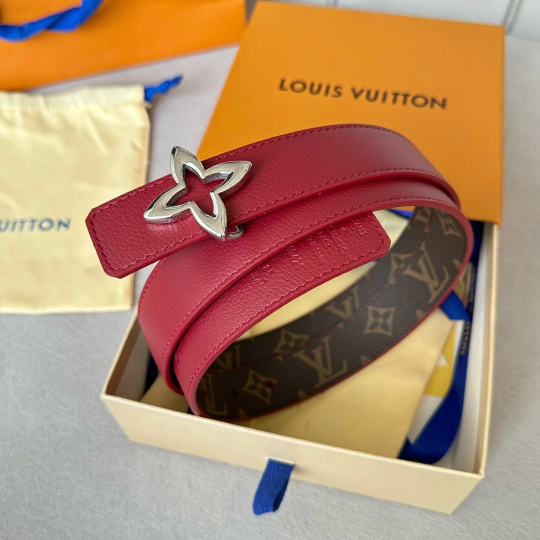 LOUIS VUITTON LV MINI FLOWERGRAM 30MM REVERSIBLE BELT IN BLOOD RED CALFSKIN SILVER HARDWARE
