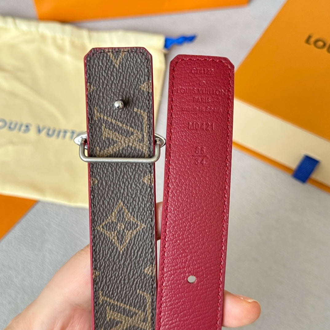LOUIS VUITTON LV MINI FLOWERGRAM 30MM REVERSIBLE BELT IN BLOOD RED CALFSKIN SILVER HARDWARE