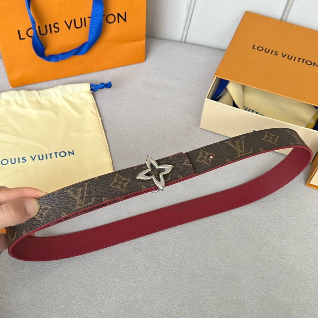 LOUIS VUITTON LV MINI FLOWERGRAM 30MM REVERSIBLE BELT IN BLOOD RED CALFSKIN SILVER HARDWARE