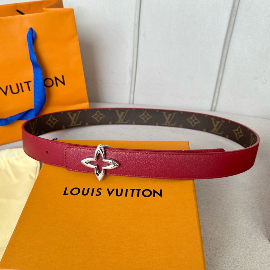 LOUIS VUITTON LV MINI FLOWERGRAM 30MM REVERSIBLE BELT IN BLOOD RED CALFSKIN SILVER HARDWARE
