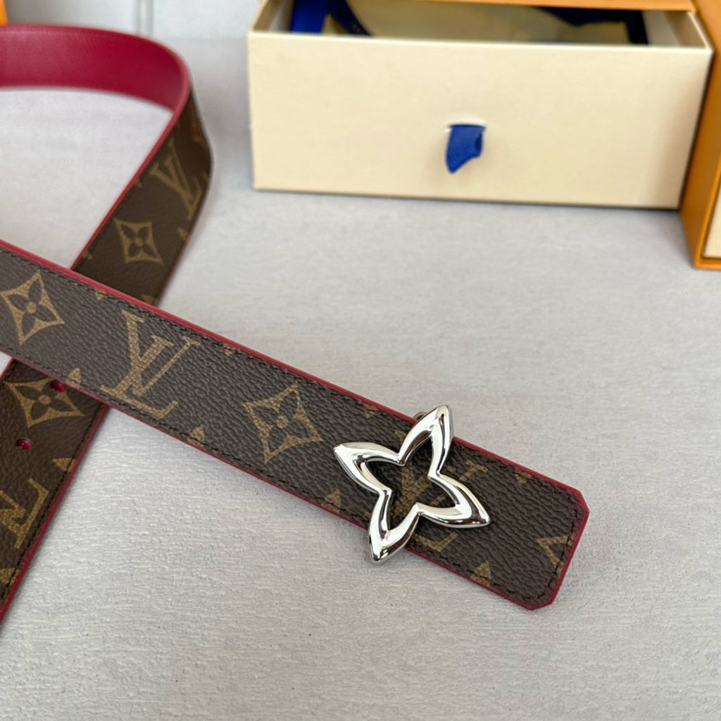 LOUIS VUITTON LV MINI FLOWERGRAM 30MM REVERSIBLE BELT IN BLOOD RED CALFSKIN SILVER HARDWARE