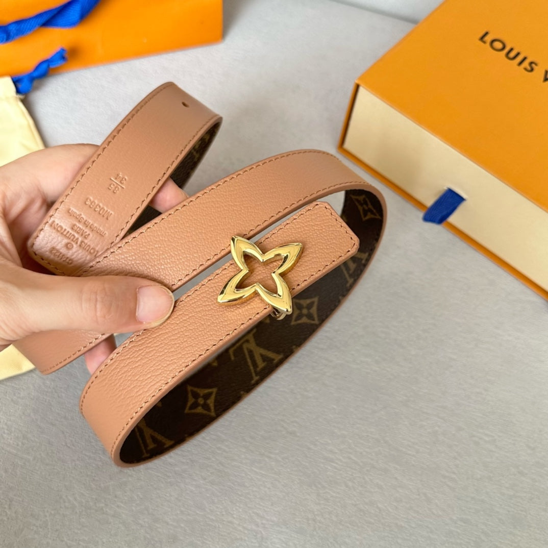 LOUIS VUITTON LV MINI FLOWERGRAM 30MM REVERSIBLE BELT IN BUFF BROWN CALFSKIN GOLD HARDWARE