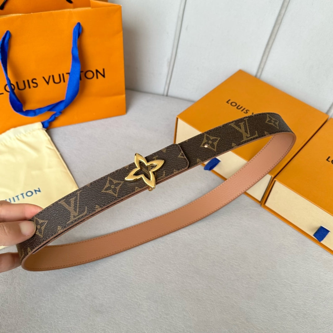 LOUIS VUITTON LV MINI FLOWERGRAM 30MM REVERSIBLE BELT IN BUFF BROWN CALFSKIN GOLD HARDWARE