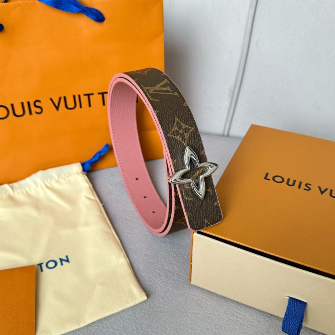 LOUIS VUITTON LV MINI FLOWERGRAM 30MM REVERSIBLE BELT IN BLUSH PINK CALFSKIN SILVER HARDWARE