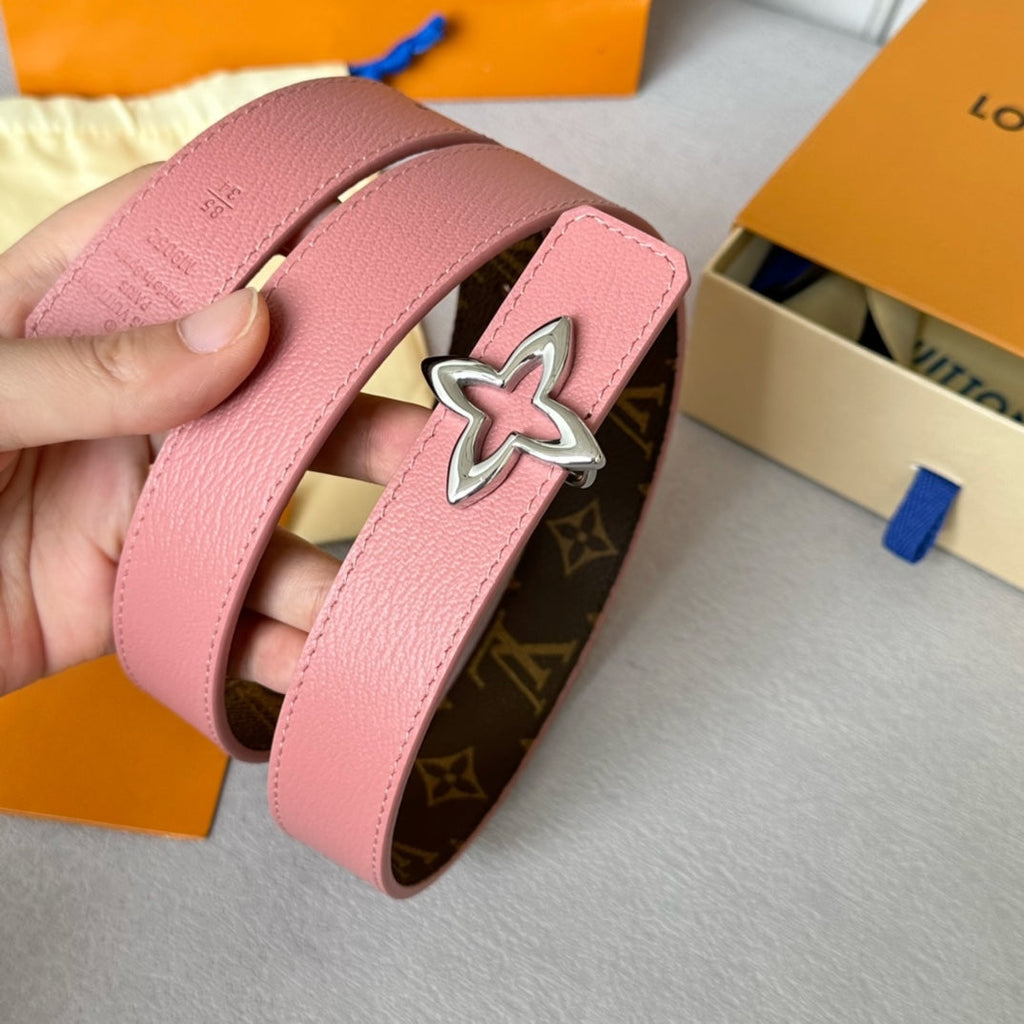 LOUIS VUITTON LV MINI FLOWERGRAM 30MM REVERSIBLE BELT IN BLUSH PINK CALFSKIN SILVER HARDWARE