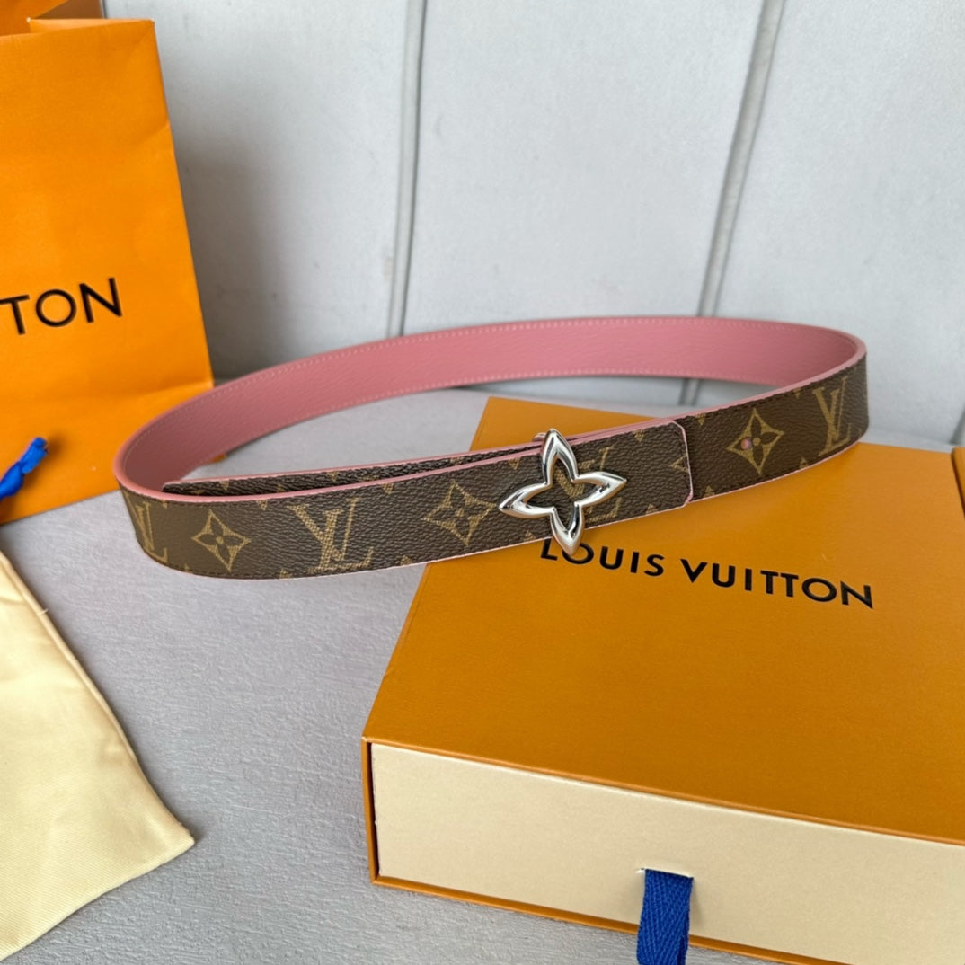 LOUIS VUITTON LV MINI FLOWERGRAM 30MM REVERSIBLE BELT IN BLUSH PINK CALFSKIN SILVER HARDWARE