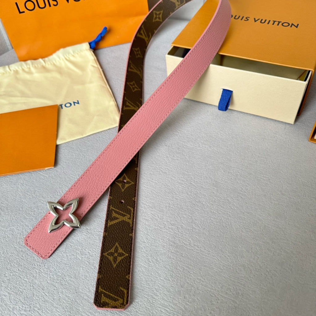 LOUIS VUITTON LV MINI FLOWERGRAM 30MM REVERSIBLE BELT IN BLUSH PINK CALFSKIN SILVER HARDWARE