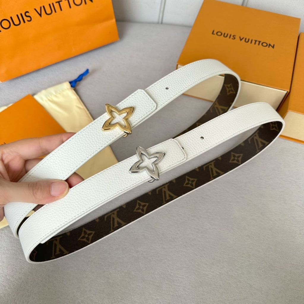 LOUIS VUITTON LV Flowergram 30mm Reversible Belt Silver Buckle White Brown Leather