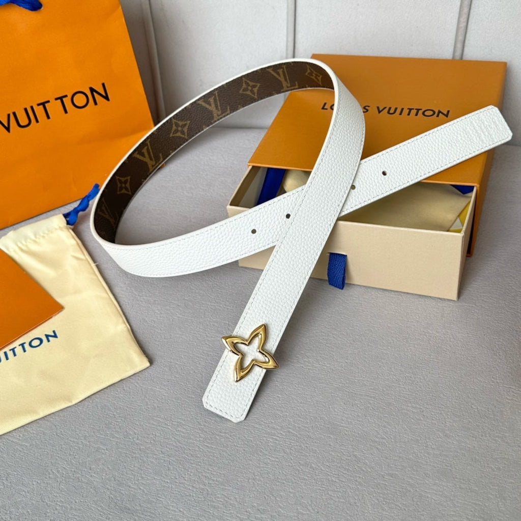 LOUIS VUITTON LV MINI FLOWERGRAM 30MM REVERSIBLE BELT IN WHITE CALFSKIN GOLD HARDWARE