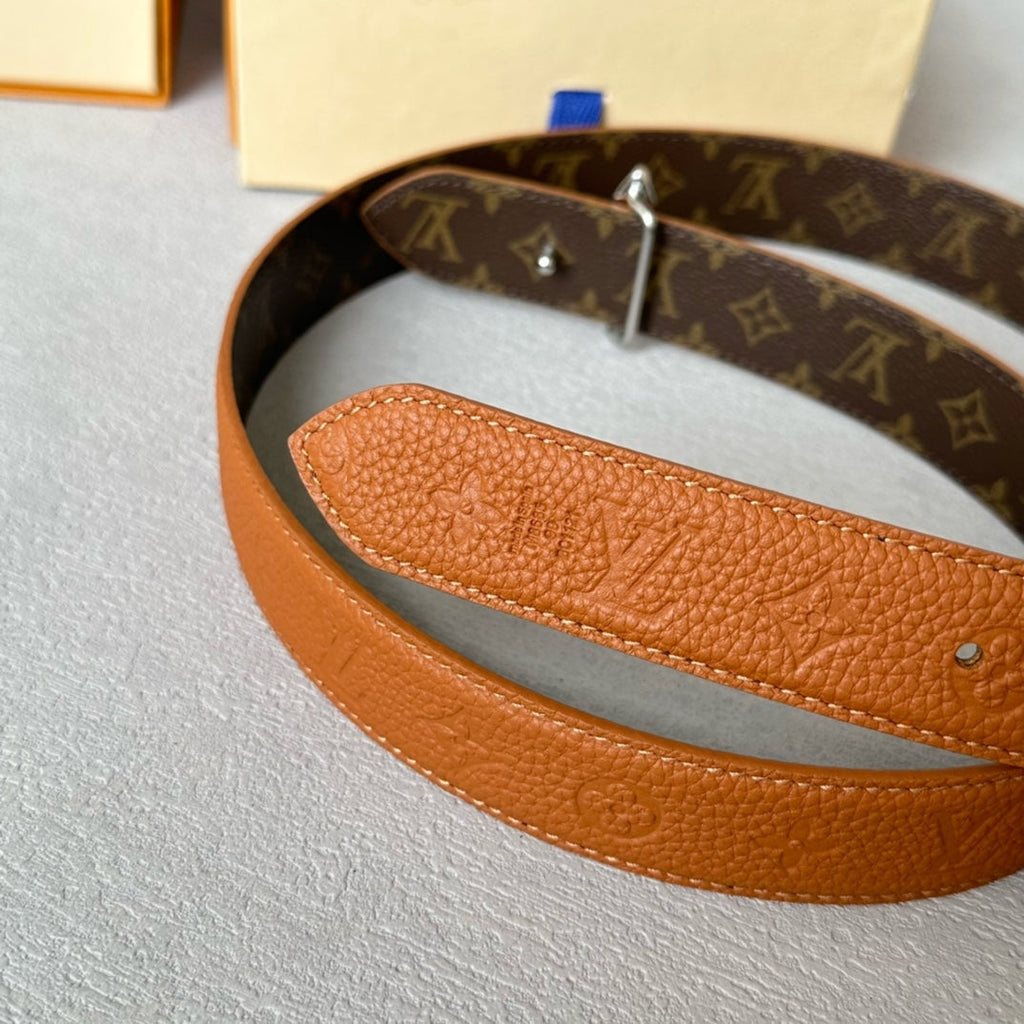 LOUIS VUITTON LV MINI FLOWERGRAM 30MM REVERSIBLE BELT IN BRONZE BROWN EMBOSSED CALFSKIN SILVER HARDWARE
