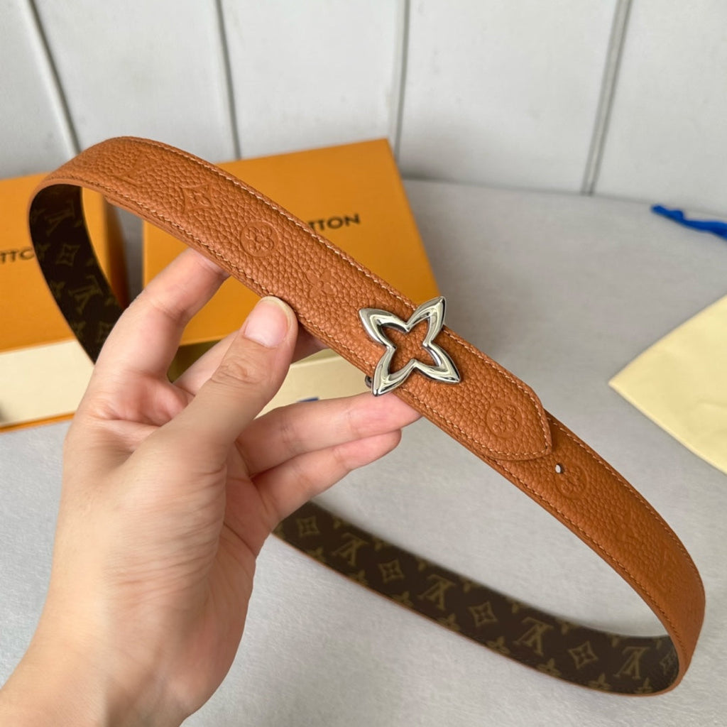 LOUIS VUITTON LV MINI FLOWERGRAM 30MM REVERSIBLE BELT IN BRONZE BROWN EMBOSSED CALFSKIN SILVER HARDWARE