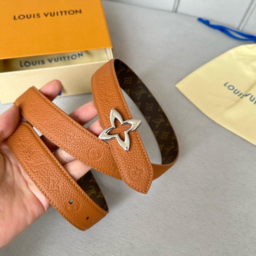 LOUIS VUITTON LV MINI FLOWERGRAM 30MM REVERSIBLE BELT IN BRONZE BROWN EMBOSSED CALFSKIN SILVER HARDWARE