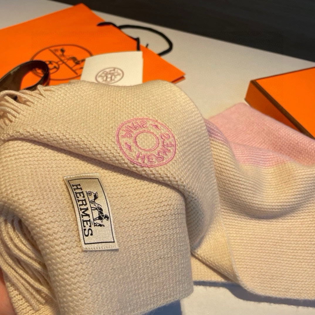 HERMES KNIT SCARF 180 IN LIGHT PINK MIX WHITE CASERE
