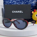 CHANEL OVAL SUNGLASSES 640344 IN BLACK RED ACETATE METAL FRAME EMBOSSED PEARL