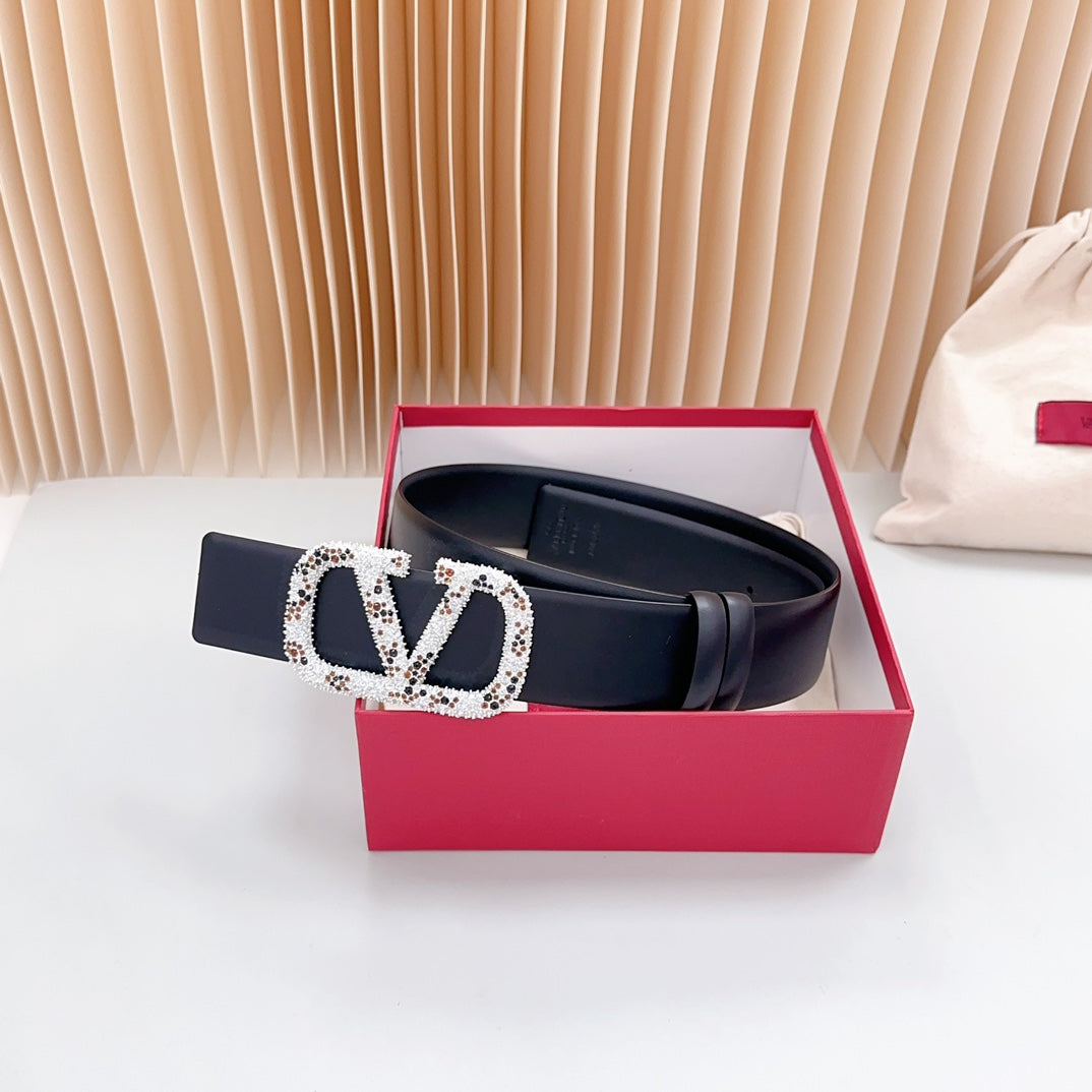 Vlogo Brown Black White Stone Silver Buckle Belt 40mm Black Leather