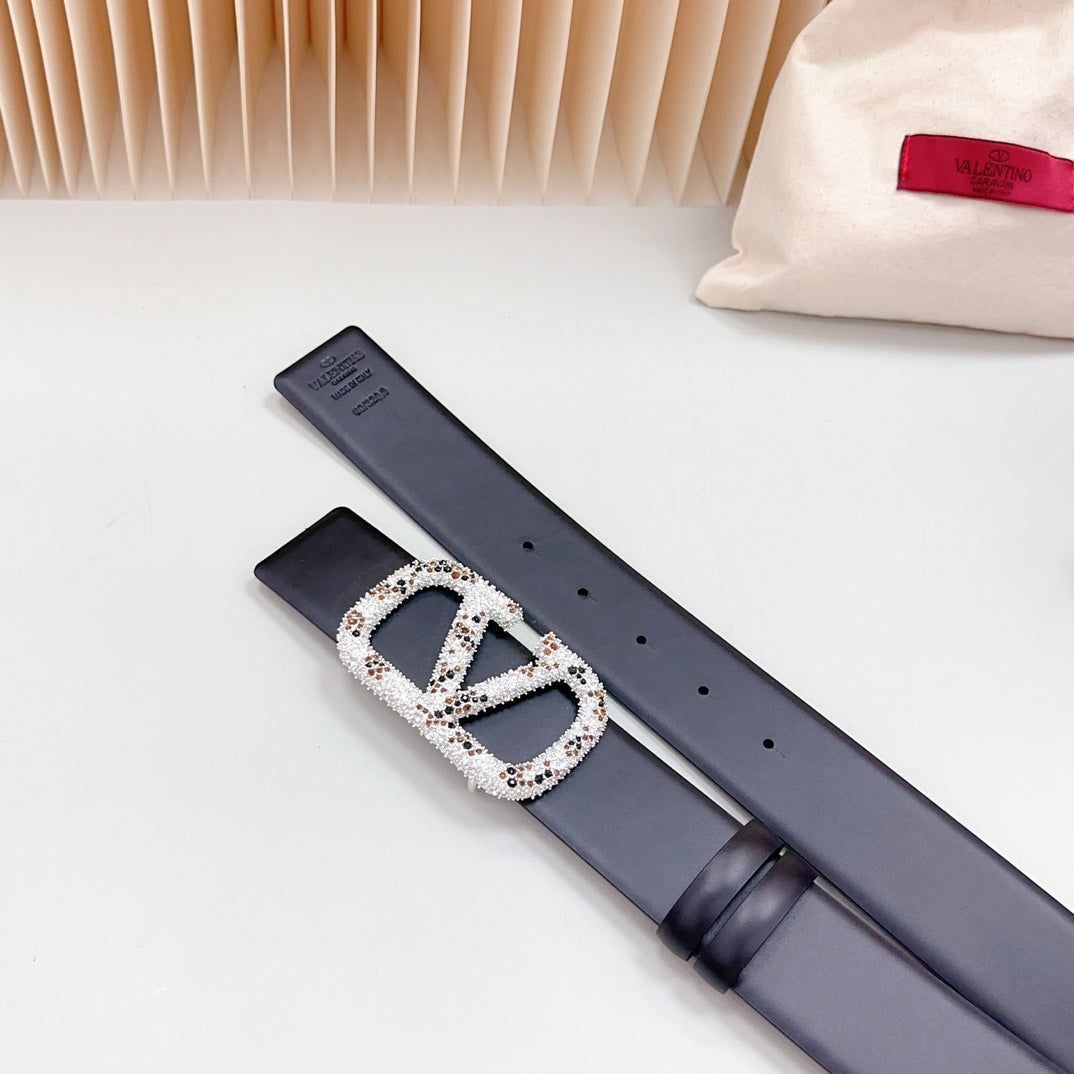 Vlogo Brown Black White Stone Silver Buckle Belt 40mm Black Leather