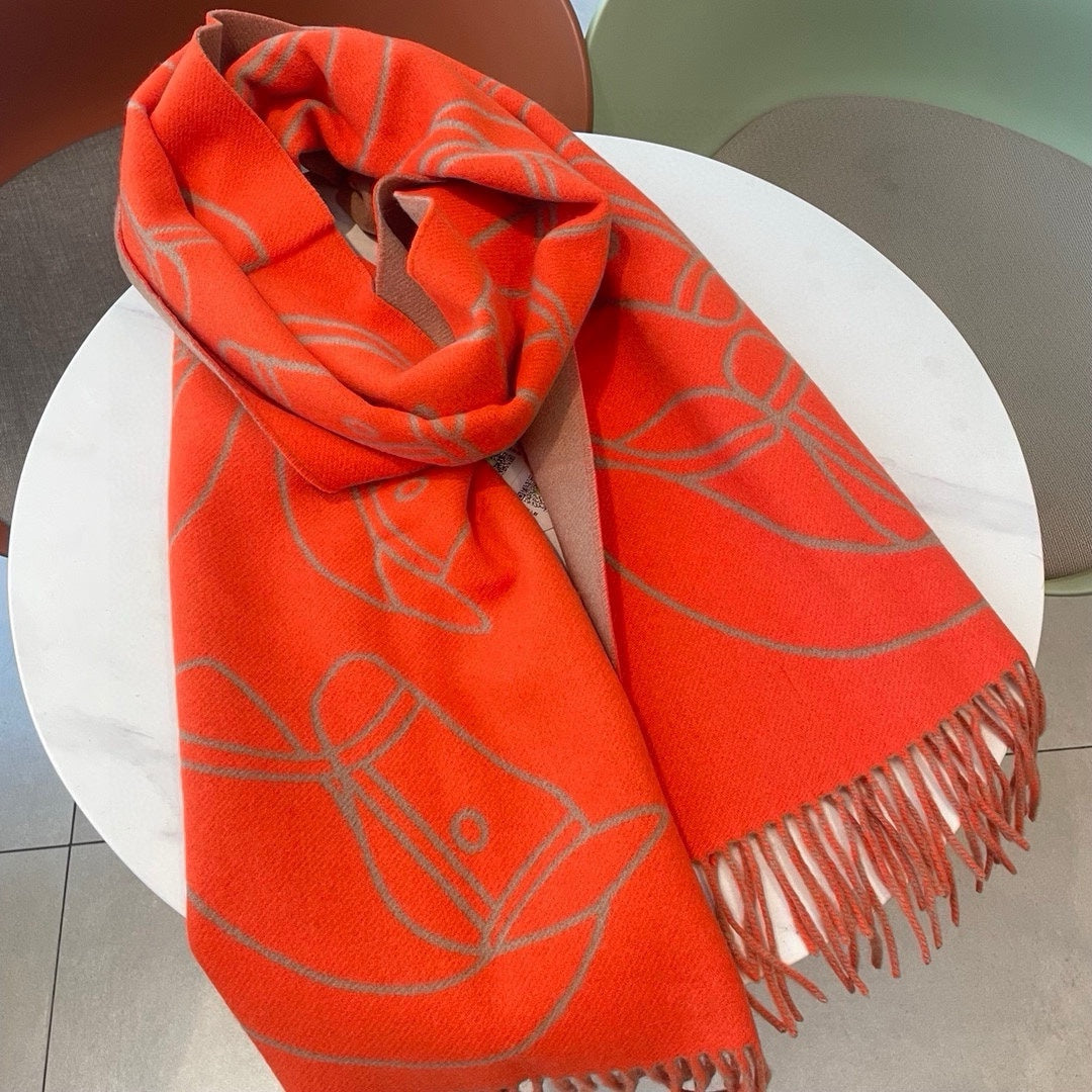 HERMES CASAQUE ENTRELACS EQUESTRES 190 CM SCARF IN ORANGE RED CASERE