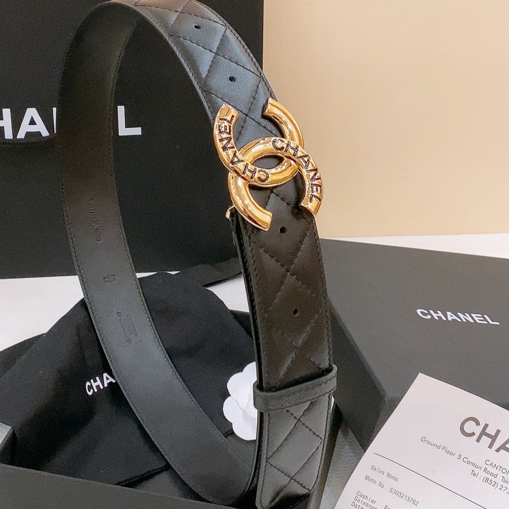 CHANEL DOUBLE C BELT 40MM IN BLACK QUILTED LAMBSKIN GOLD BUCKLE EMBOSSED LOGO